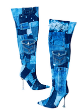 Load image into Gallery viewer, Thigh High Denim Patched Boots