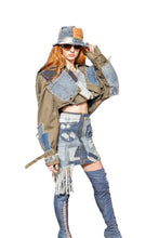 Load image into Gallery viewer, Blue Patchwork Cropped High Shoulder Trench