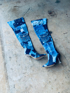 Thigh High Denim Patchwork Boots