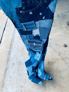 Thigh High Denim Patchwork Boots