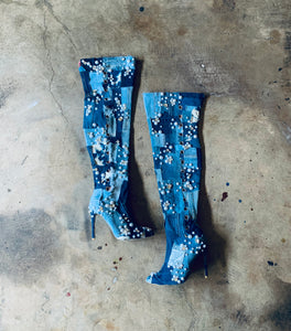 Flashy Patchwork Denim Boots