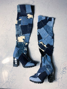 Denim Patchwork Platform Boots